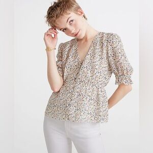 Madewell Silk V-Neck Peplum Blouse, Fieldwalk Floral, Small